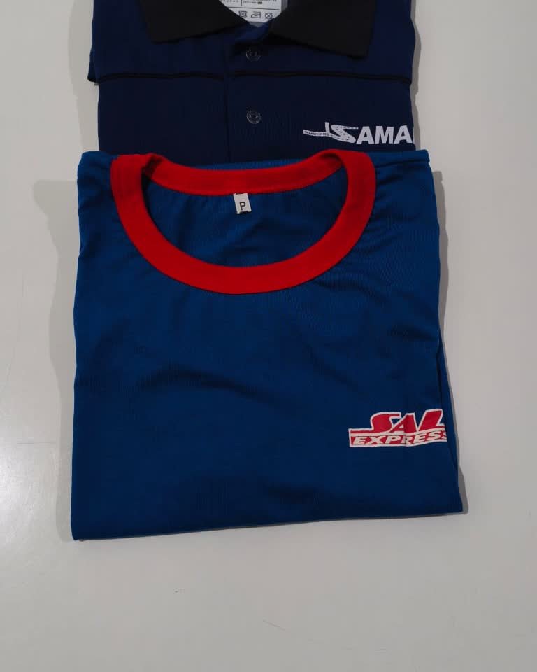 Polo e camiseta azuis da Samar Transportes e Sal Express, Grupo Ampla