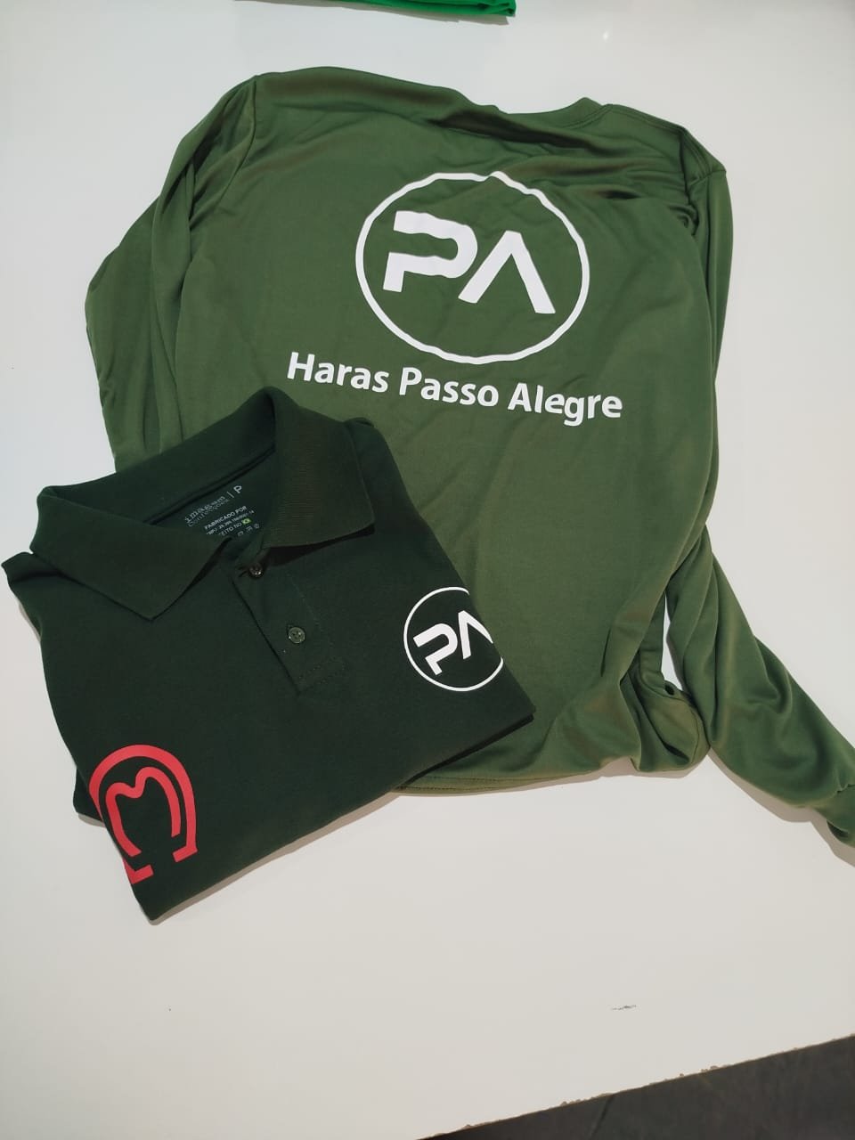 Camiseta e polo verdes com a estampa do Haras Passo Alegre